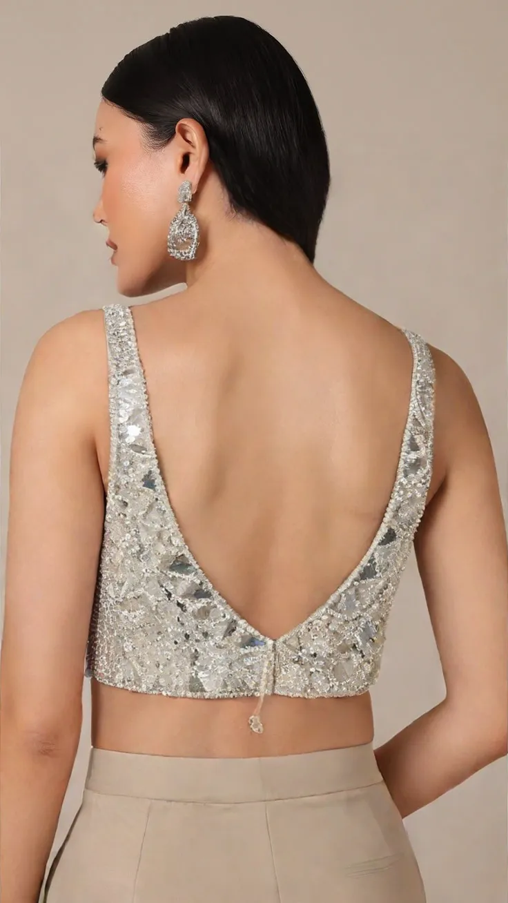 White Pearl Backless Blouse with V-Cut Neckline & Dori