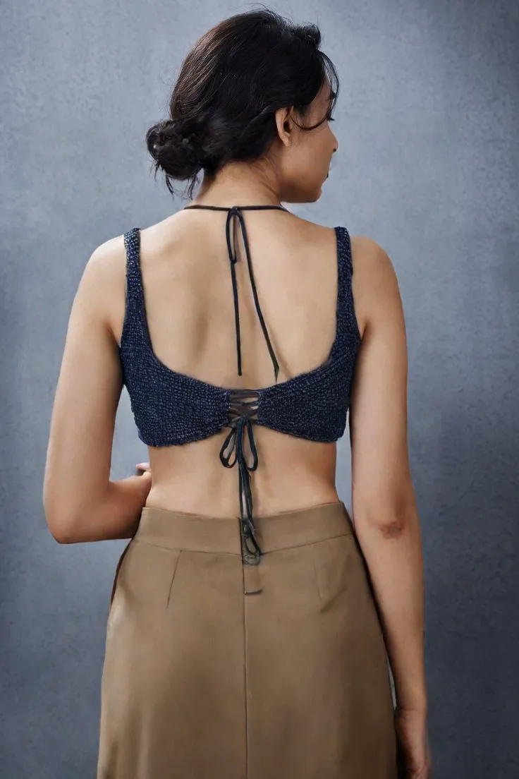 Black Pearl Backless Blouse with V-Cut Neckline & Dori